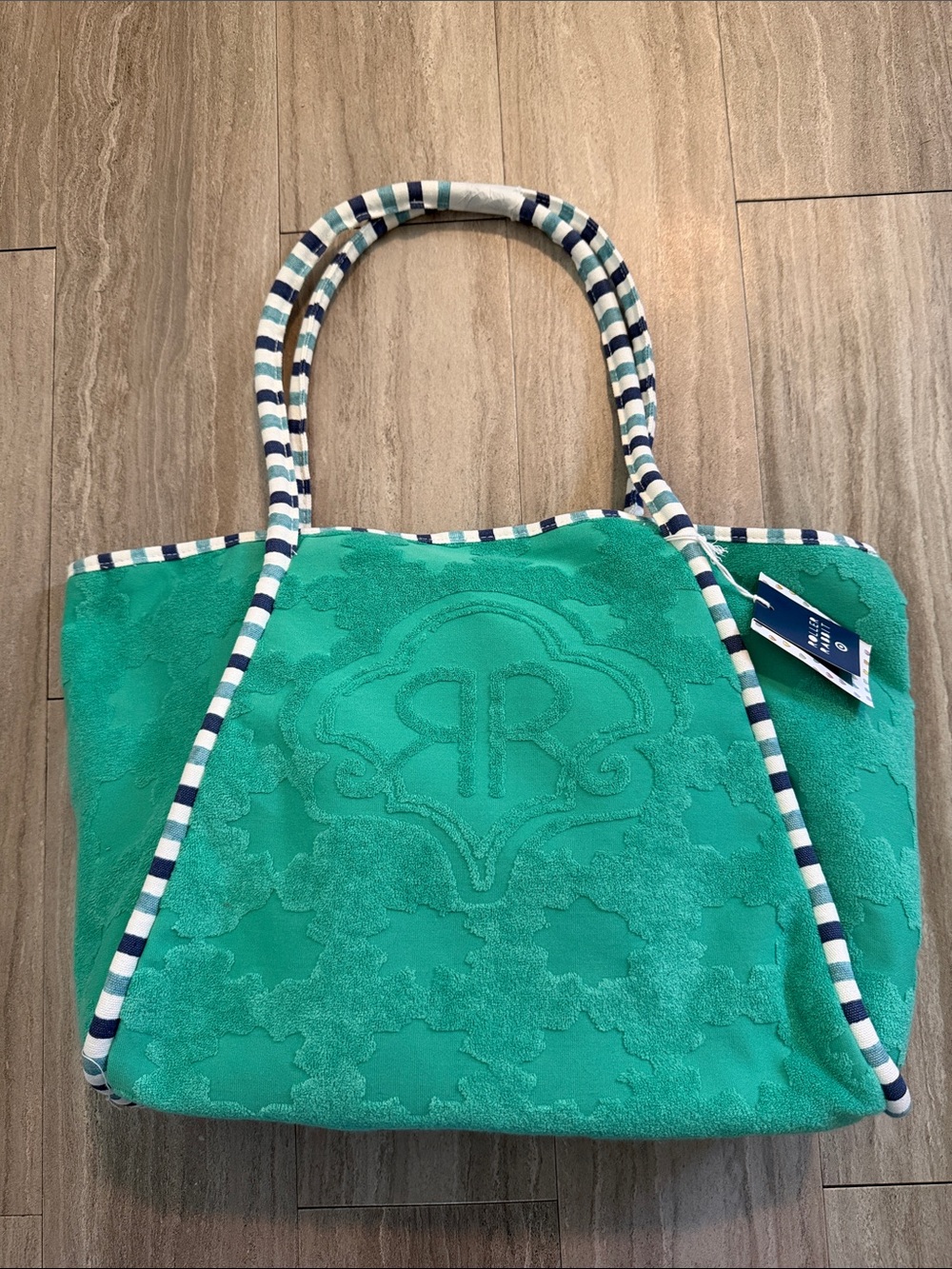 Roller Rabbit Green Beach Tote Bag with Striped Handles